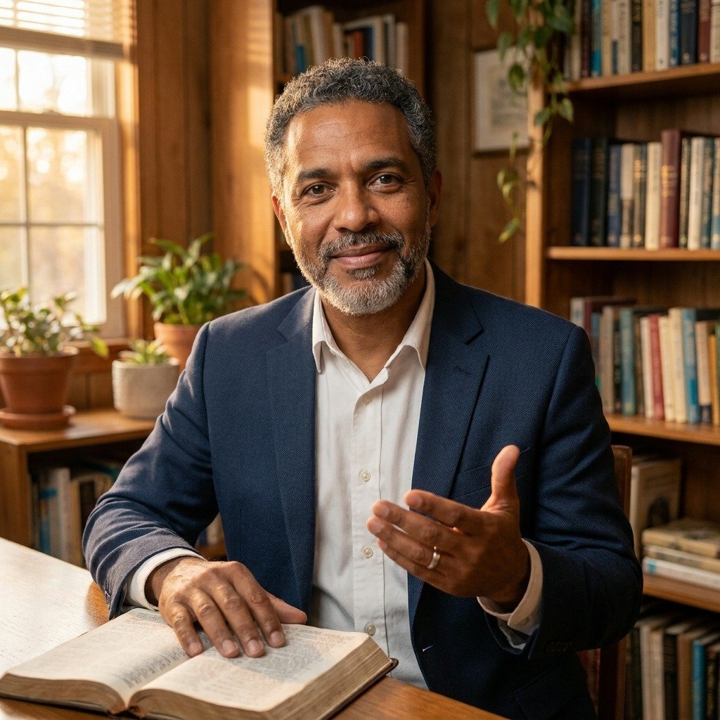 Pastor Samuel Ferreira em seu escritório, com uma Bíblia aberta